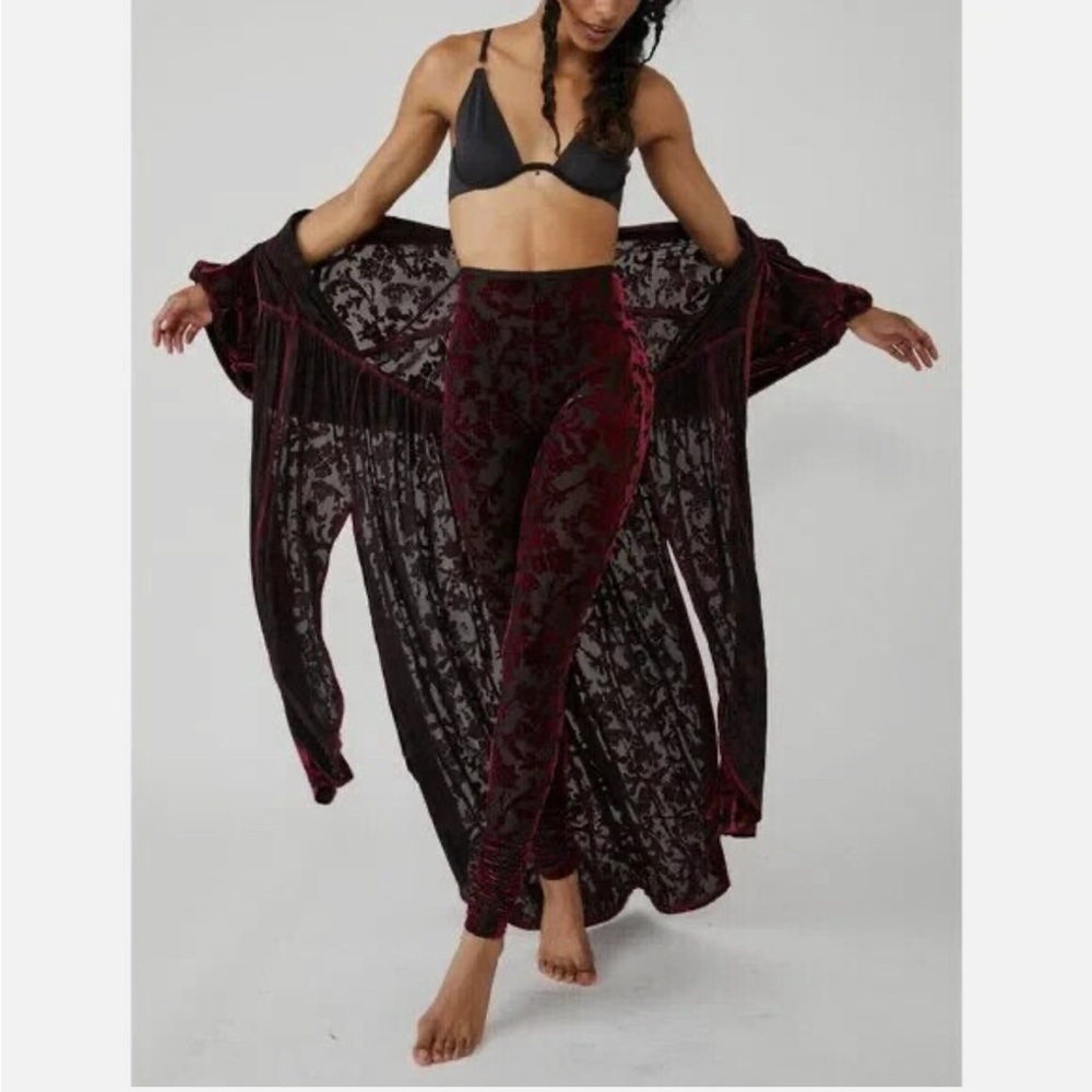 NWOT Free People Red Black Velvet Floral Burnout Leggings